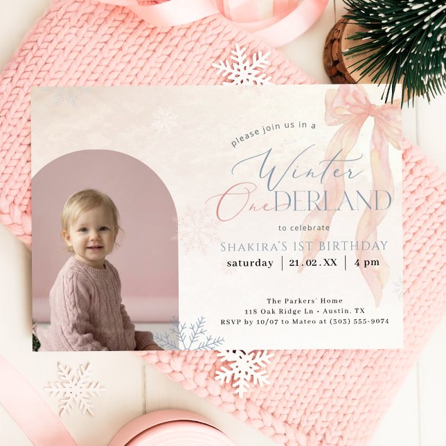 Winter ONEderland Pink Bow Photo First Birthday (Creator Uploaded)