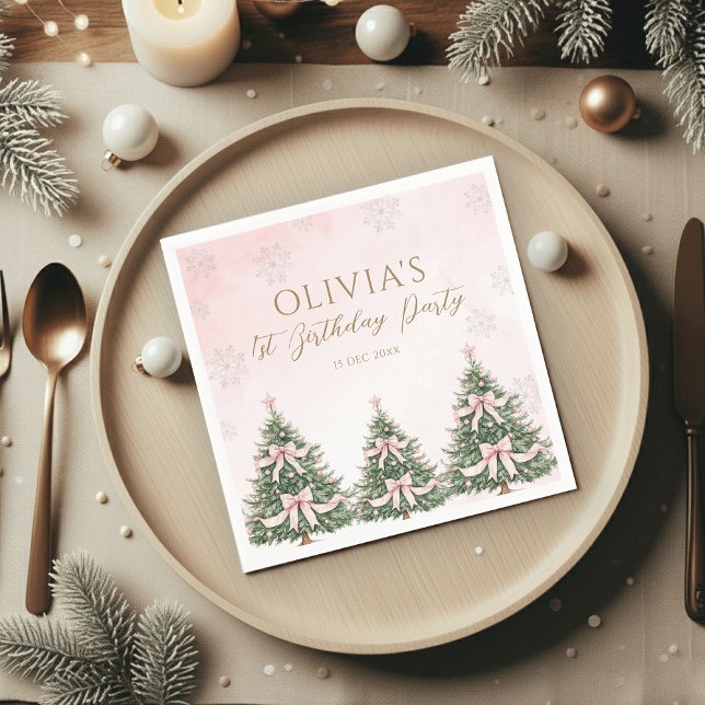 Winter Onederland Pink Bow Pine Trees 1st Birthday Napkins (Creator Uploaded)