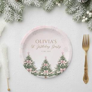 Winter Onederland Pink Bow Pine Trees 1st Birthday Paper Plates