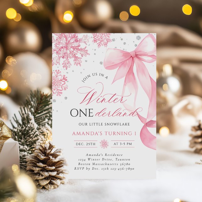 Winter Onederland Pink Bow Snowflake Birthday Invitation (Creator Uploaded)