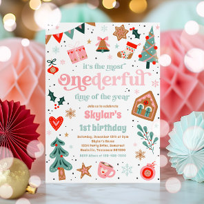 Winter ONEderland Pink Christmas Birthday Party Invitation