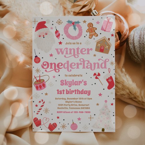 Winter ONEderland Pink Christmas Birthday Party Invitation