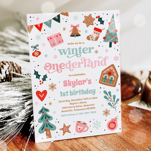 Winter ONEderland Pink Christmas Birthday Party Invitation