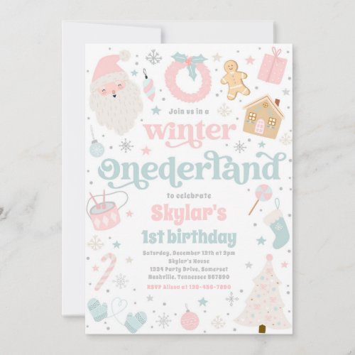 Winter ONEderland Pink Christmas Birthday Party Invitation