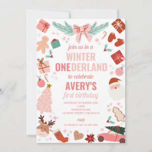 Winter Onederland Pink Christmas Girl 1st Birthday Invitation
