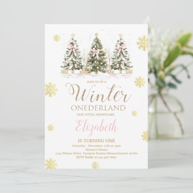 WINTER ONEderland Pink & Faux Gold 1st Birthday  I Invitation (Standing Front)