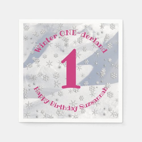 Winter ONEderland Pink First Birthday Snowflakes Napkins