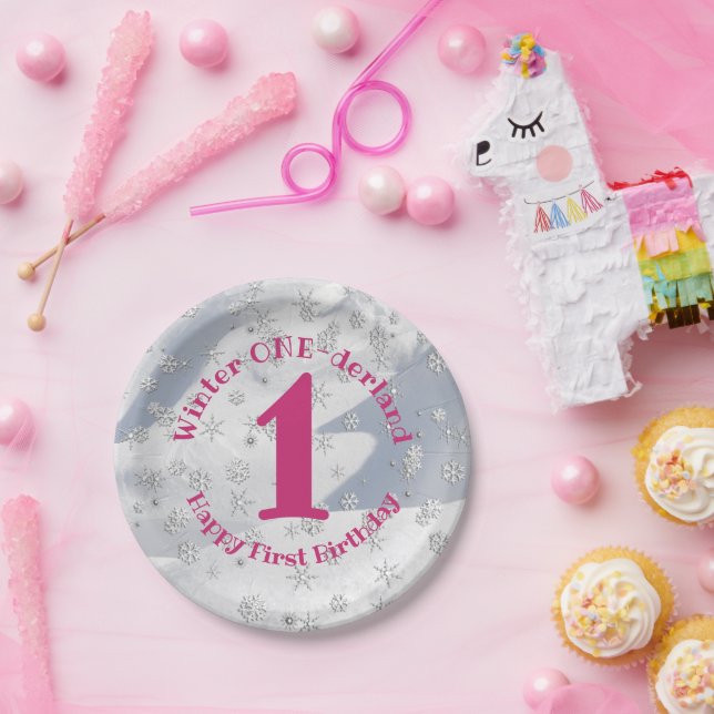 Winter ONEderland Pink First Birthday Snowflakes Paper Plates (Party)