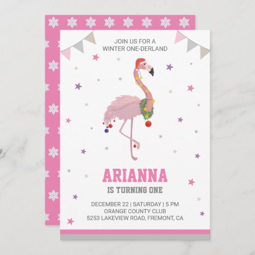 Winter ONEderland Pink Flamingo 1st Girls Birthday Invitation