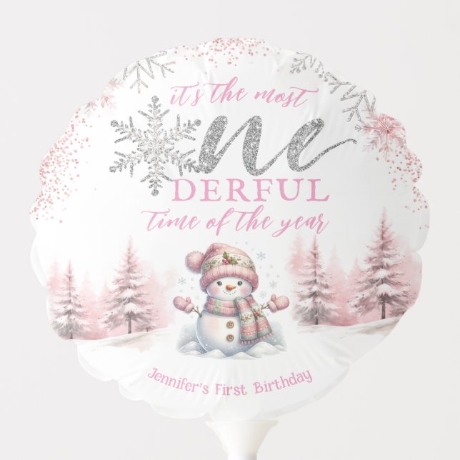 Winter ONEderland Pink Girl Christmas 1st Birthday Balloon (Front)