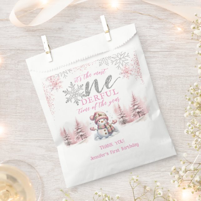 Winter ONEderland Pink Girl Christmas 1st Birthday Favor Bag (Clipped)