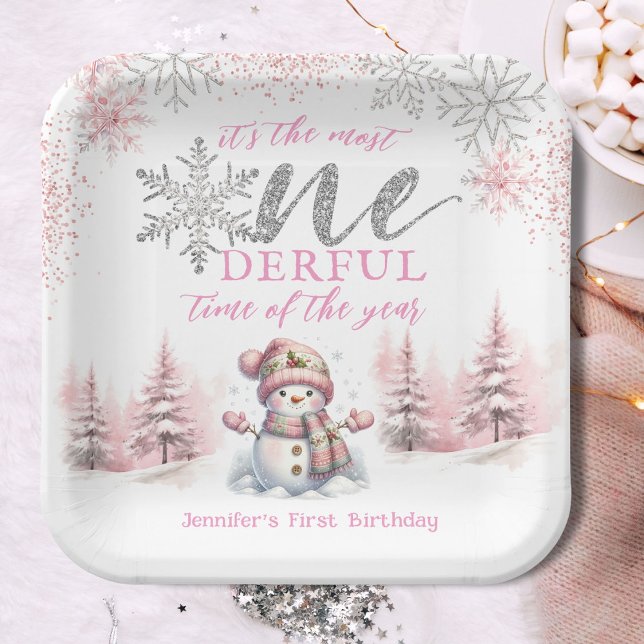 Winter ONEderland Pink Girl Christmas 1st Birthday Paper Plates (Creator Uploaded)