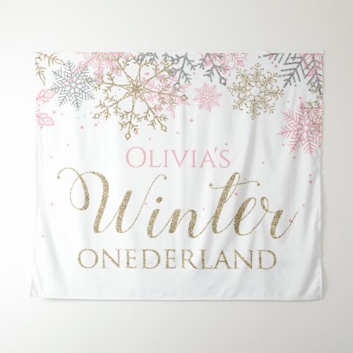 Winter Onederland Pink Girl First Birthday Tapestry