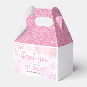 Winter ONEderland Pink Glitter Snowflake 1st Bday Favor Boxes