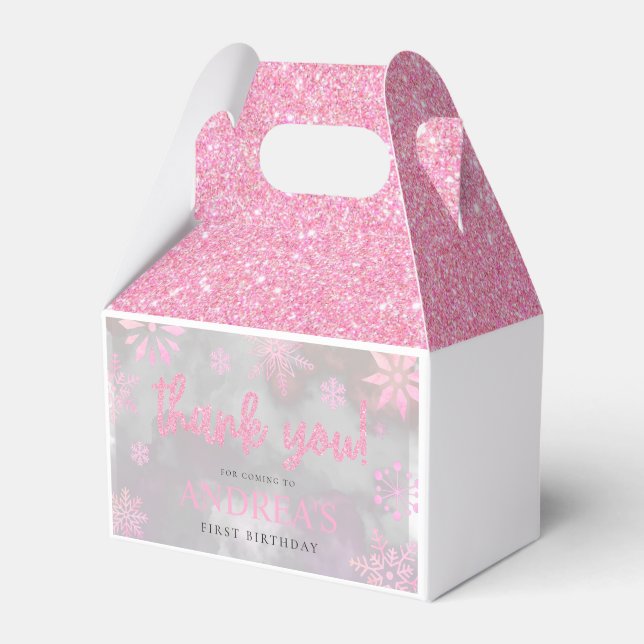 Winter ONEderland Pink Glitter Snowflake 1st Bday Favor Boxes (Front Side)