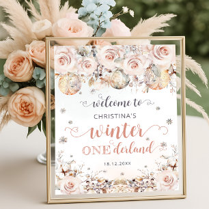 Winter ONEderland Pink Gold Birthday Welcome Poster