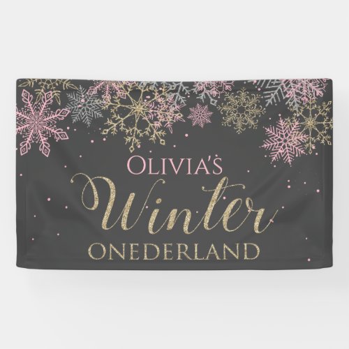 Winter Onederland Pink Gold Dark Gray Banner