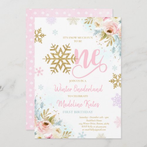 Winter ONEderland Pink  Gold  Floral 1st Birthday Invitation