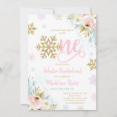 Winter ONEderland Pink & Gold  Floral 1st Birthday Invitation (Front)