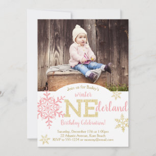 Winter ONEderland Pink & Gold Glitter 1st Birthday Invitation
