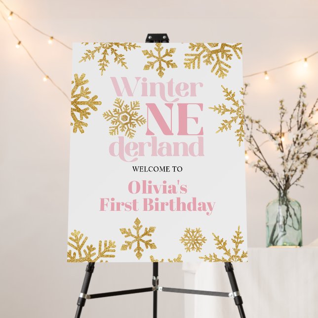 Winter Onederland Pink Gold Snowflake 1st Birthday Foam Board (In Situ (Stand))