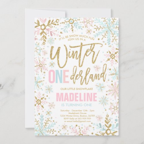 Winter ONEderland Pink Gold Snowflake 1st Birthday Invitation