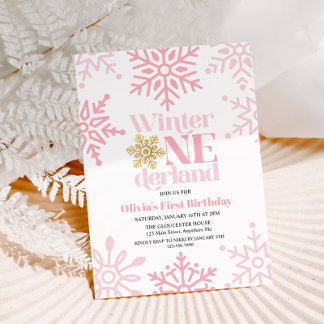 Winter Onederland Pink Gold Snowflake 1st Birthday Invitation