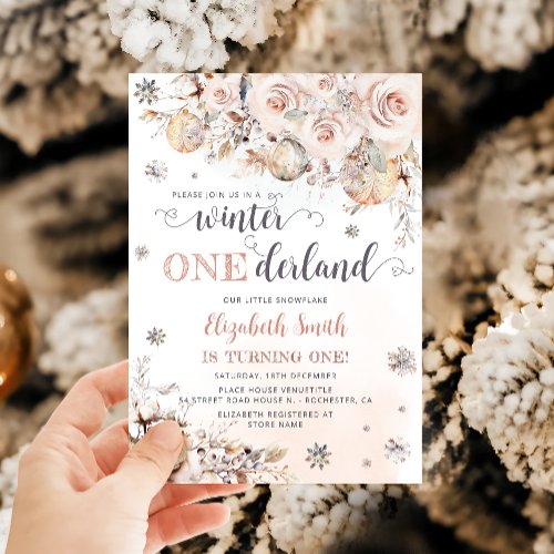 Winter ONEderland Pink Gold Snowflake 1st Birthday Invitation