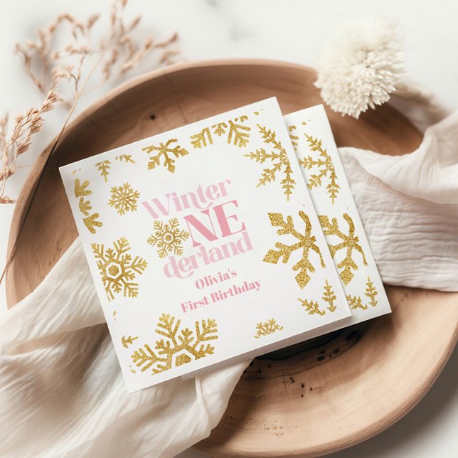 Winter Onederland Pink Gold Snowflake 1st Birthday Napkins (Creator Uploaded)
