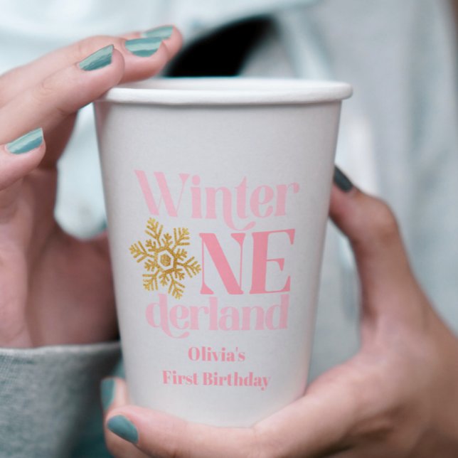 Winter Onederland Pink Gold Snowflake 1st Birthday Paper Cups (Creator Uploaded)