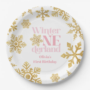 Winter Onederland Pink Gold Snowflake 1st Birthday Paper Plates