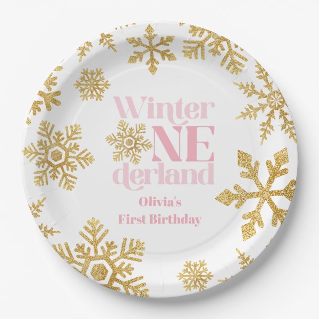 Winter Onederland Pink Gold Snowflake 1st Birthday Paper Plates (Front)
