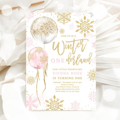 Winter Onederland Pink Gold Snowflake Birthday Invitation