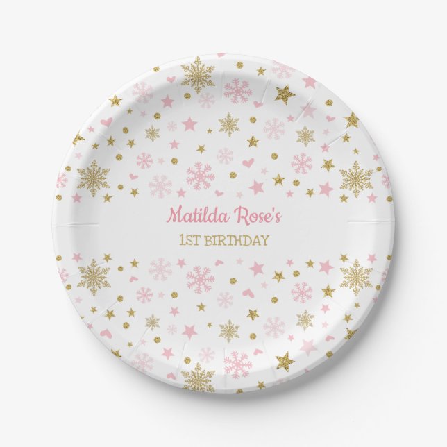 Winter Onederland Pink Gold Snowflake Birthday Paper Plates (Front)