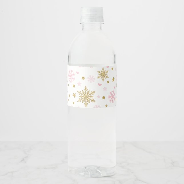 Winter Onederland Pink Gold Snowflake Birthday Water Bottle Label (Front)
