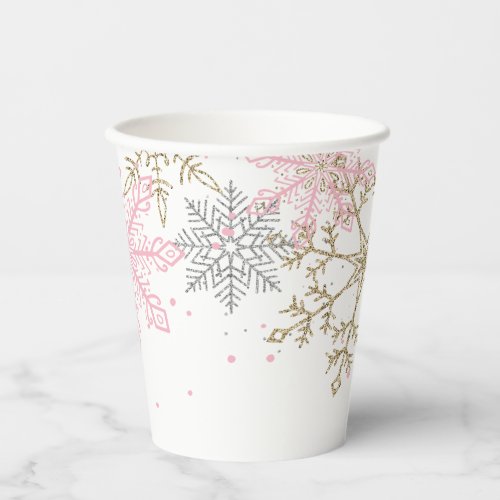 Winter Onederland Pink Gold Snowflakes Birthday Paper Cups
