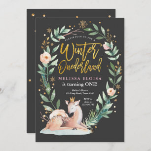 Winter ONEderland Pink Gold Woodland Deer Birthday Invitation