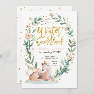 Winter ONEderland Pink Gold Woodland Deer Birthday Invitation