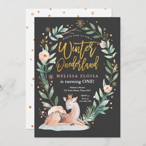 Winter ONEderland Pink Gold Woodland Deer Birthday Invitation