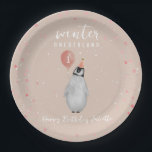 Winter Onederland Pink Penguin Balloon Birthday Paper Plates<br><div class="desc">Winter Onederland first birthday party theme featuring penguin with pink balloon in pink party hat over light pink background with snow speckle and confetti.</div>