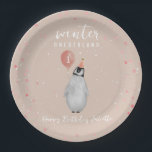 Winter Onederland Pink Penguin Balloon Birthday Paper Plates<br><div class="desc">Winter Onederland first birthday party theme featuring penguin with pink balloon in pink party hat over light pink background with snow speckle and confetti.</div>