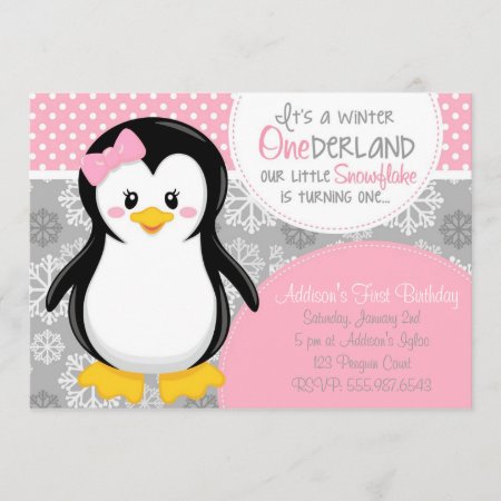 Winter Onederland Pink Penguin Invitation
