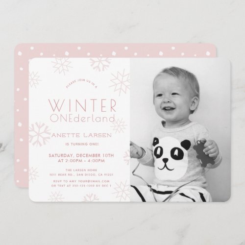 Winter Onederland Pink Photo 1st Birthday Invitation