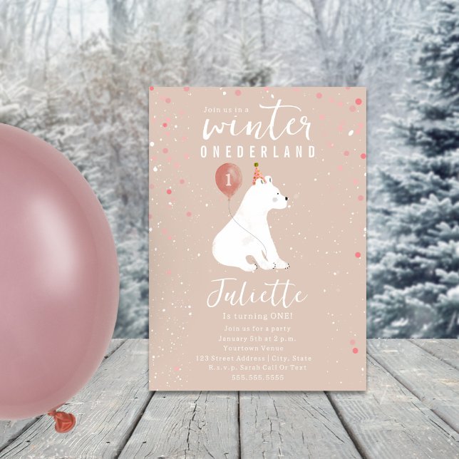 Winter Onederland Pink Polar Bear 1st Birthday Invitation (Creator Uploaded)