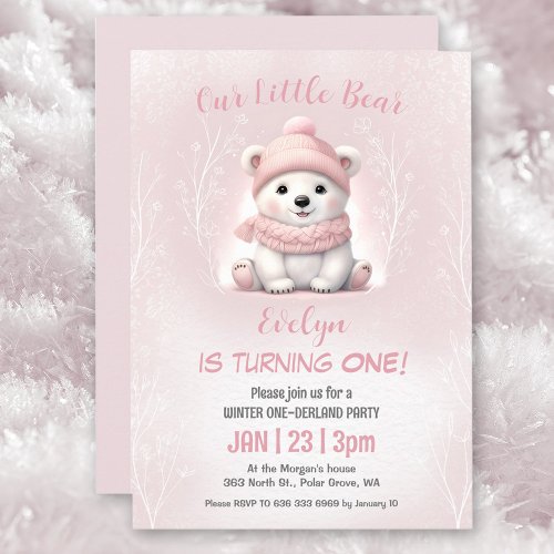 Winter Onederland Pink Polar Bear 1st Birthday Invitation
