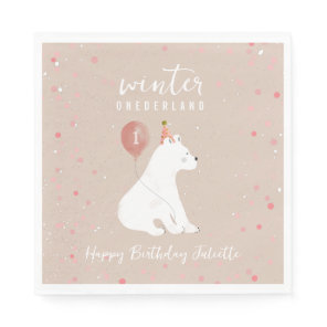 Winter Onederland Pink Polar Bear 1st Birthday Napkins