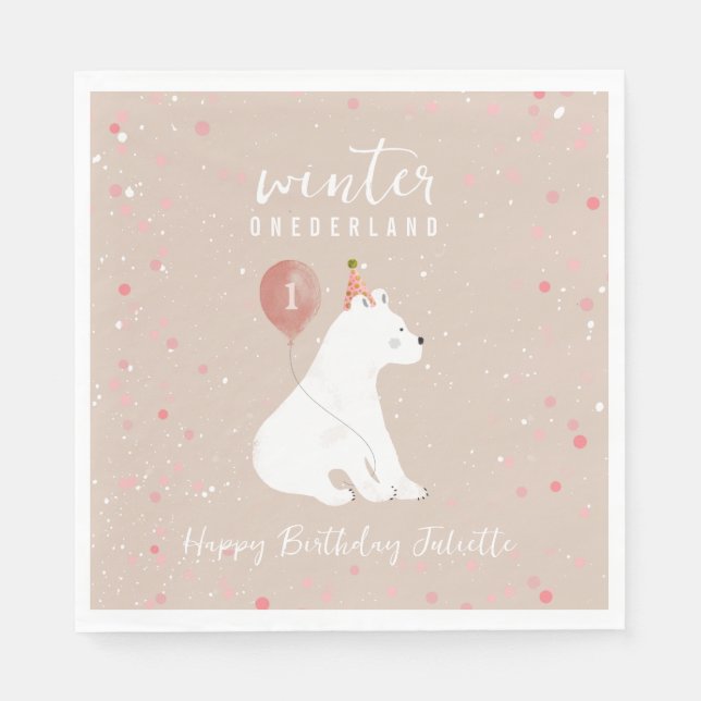 Winter Onederland Pink Polar Bear 1st Birthday Napkins (Front)