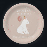 Winter Onederland Pink Polar Bear 1st Birthday Paper Plates<br><div class="desc">Winter Onederland first birthday party theme featuring polar bear with pink balloon in pink party hat over light pink background with snow speckle and confetti.</div>