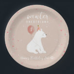 Winter Onederland Pink Polar Bear 1st Birthday Paper Plates<br><div class="desc">Winter Onederland first birthday party theme featuring polar bear with pink balloon in pink party hat over light pink background with snow speckle and confetti.</div>