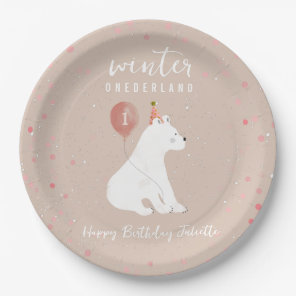 Winter Onederland Pink Polar Bear 1st Birthday Paper Plates
